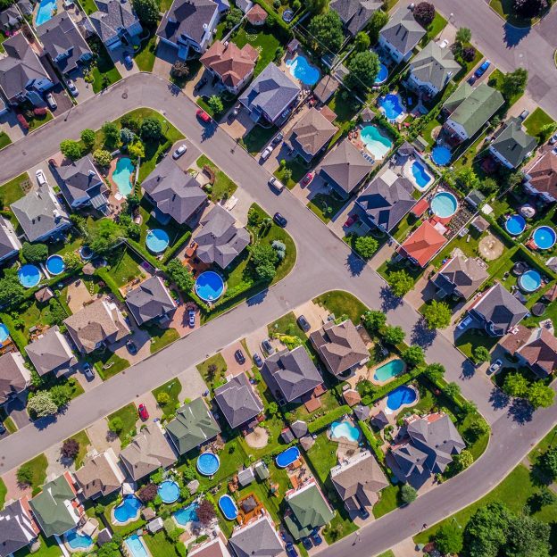 Top view of houses in typical residential neighborhood in Montreal, Quebec, Canada.